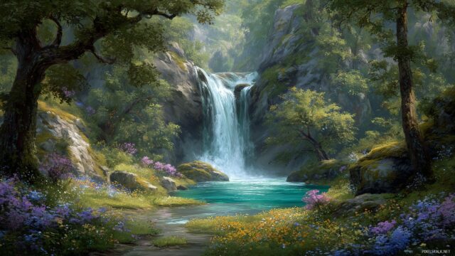 Waterfall HD Wallpaper, Idyllic Waterfall In A Secluded Forest Glade With Colorful Wildflowers