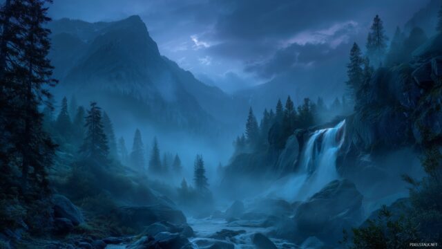 Waterfall HD Wallpaper For Mac, Captivating Waterfall Glistening In The Moonlight Surrounded By Misty Mountains