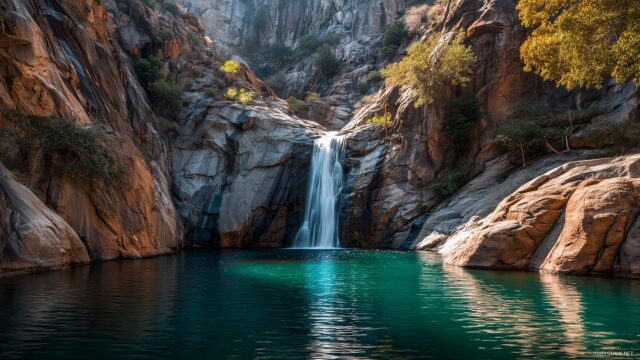 Waterfall HD Wallpaper For PC, Isolated Waterfall Flowing Into A Sunlit Lagoon Surrounded By Mountains