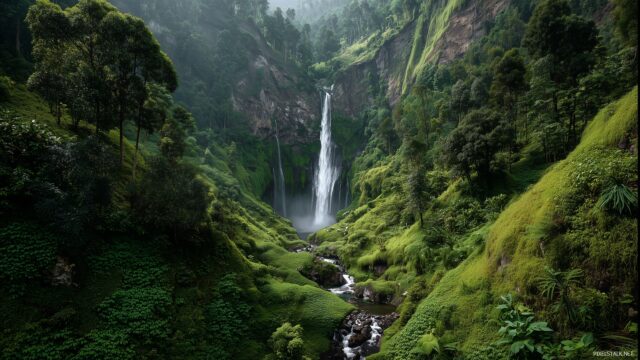 Waterfall HD Wallpaper Free Download, Serene And Breathtaking Waterfall Cascading Down Lush Green Cliffs Surrounded By Vibrant Foliage