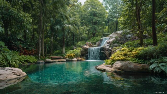 Waterfall Wallpaper, Enchanting Waterfall Hidden In A Tropical Paradise With Exotic Plants
