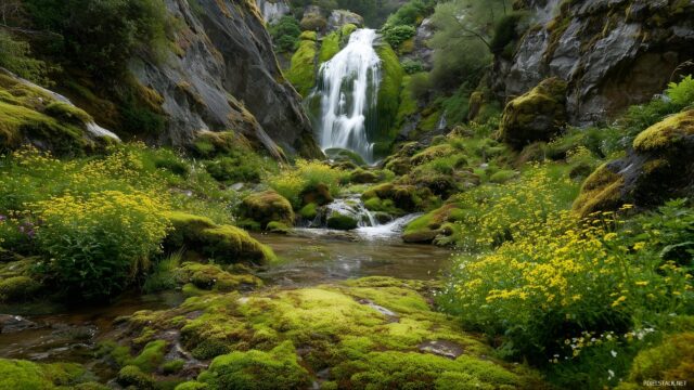 Waterfall Wallpaper HD For Desktop Computer, Rustic Waterfall Cascading Down Moss Covered Cliffs With Wildflowers