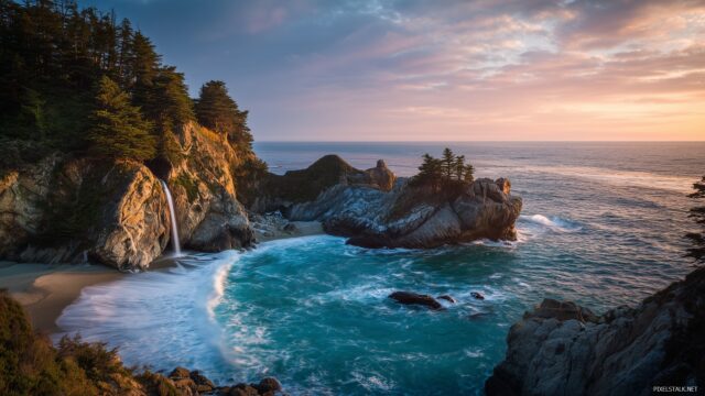 Waterfall Wallpaper HD For Mac, Dramatic Waterfall Spilling Into The Ocean At Sunset With Waves Crashing Against The Rocks