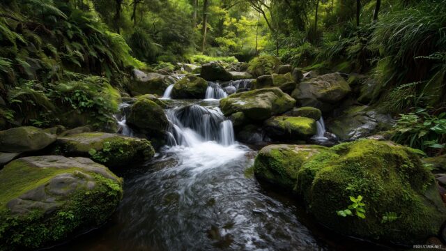 Waterfall Wallpaper HD For Mac, Gentle Waterfall Flowing Over Smooth Rocks In A Peaceful Forest Setting