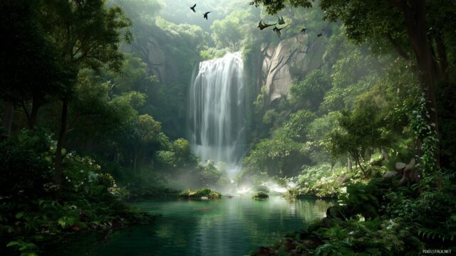 Waterfall Wallpaper HD Free Download, Idyllic Waterfall In The Heart Of A Lush Jungle With Tropical Birds Flying Nearby