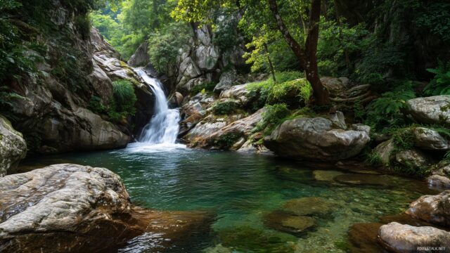 Waterfall Wallpaper For Desktop Computer, Calm Waterfall Draping Gently Over Smooth Rocks Beside Lush Vegetation