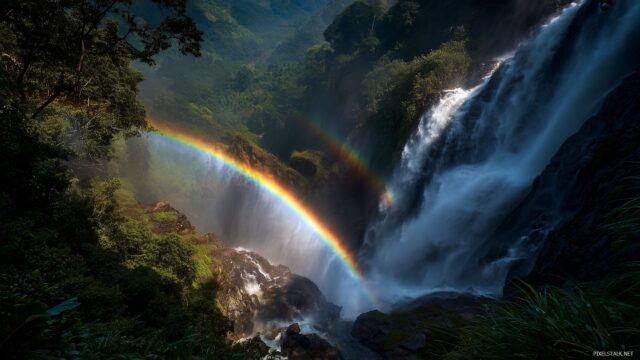 Waterfall Wallpaper High Definition, Dramatic Waterfall Crashing Down With Vibrant Rainbows In The Mist