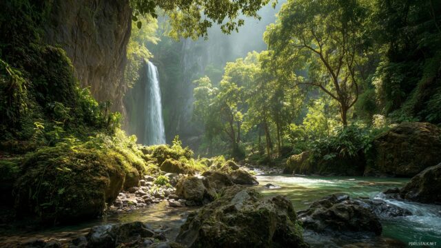 Waterfall Wallpaper High Quality, Serene Mountain Waterfall Flowing Gently Through A Forest With Soft Light Illuminating The Scene