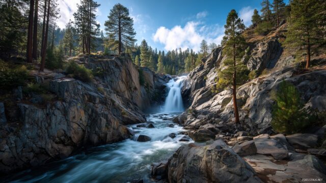 Waterfall Wallpaper High Resolution, Isolated Waterfall Flowing Through A Rocky Gorge Surrounded By Tall Pine Trees