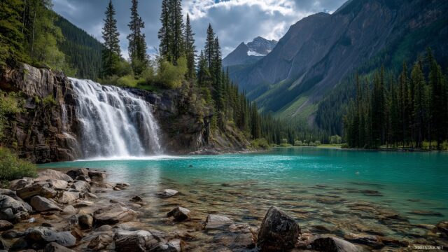Waterfall Wide Screen Desktop Wallpaper, Scenic Waterfall Cascading Into A Turquoise Lake With Breathtaking Mountain Views