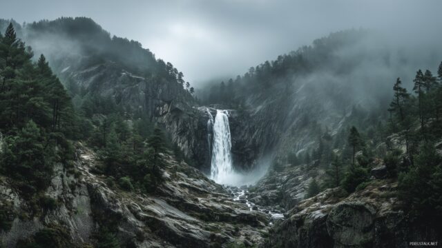 Waterfall Wide Screen Desktop Wallpaper, Thunderous Waterfall Over Rugged Terrain With Mist Rising To The Sky