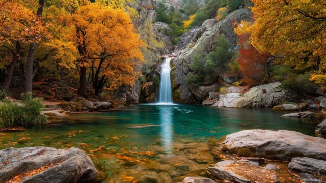 Waterfall Best Quality Desktop Wallpaper, Serene Waterfall Surrounded By Vibrant Autumn Foliage And Tranquil Pool