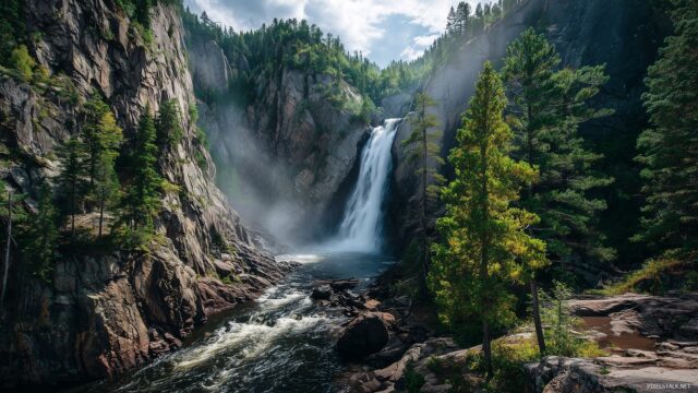 Waterfall High Definition Desktop Wallpaper, Powerful Waterfall Plunging Into A Deep Rocky Gorge With Mist Rising
