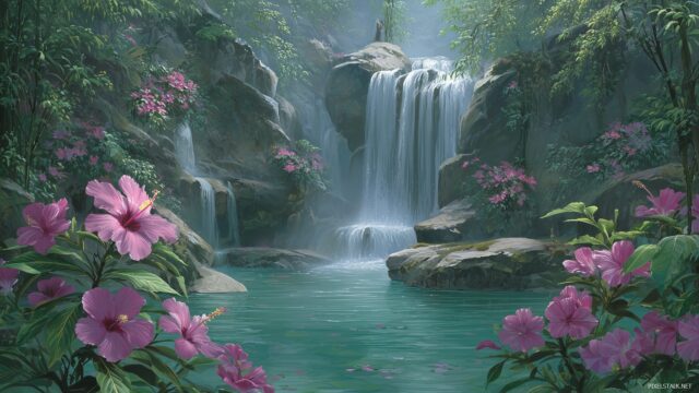 Waterfall High Quality Wallpaper, Tranquil Scene Of A Hidden Waterfall In A Tropical Paradise With Exotic Flowers In The Foreground