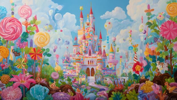 Whimsical Disney Castle Backgrounds, a whimsical view of a castle made of candy and sweets, surrounded by playful animals and vibrant flowers.