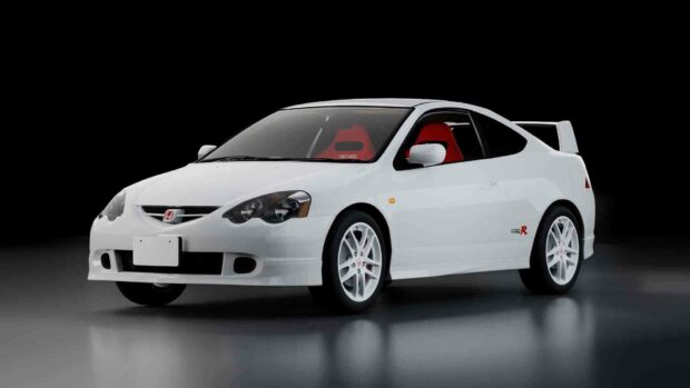 A white Honda Integra Type R is shown with its sleek design and distinctive red racing seats, HD Desktop Wallpaper