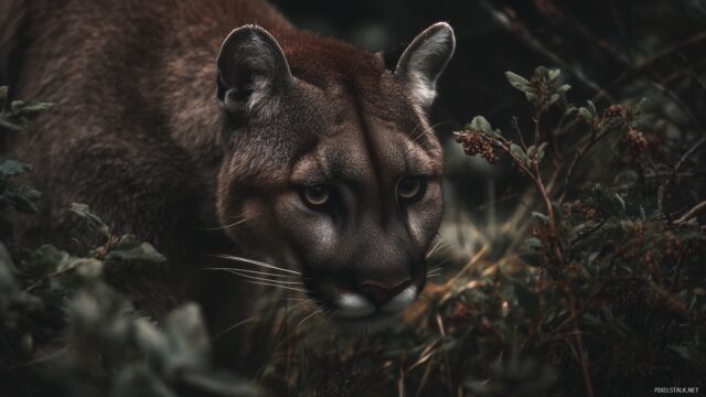 Wild Cougar Wallpaper HD, An Elusive Cougar Prowling Through Dense Underbrush, Captured In A Moment Of Stealth And Raw Power