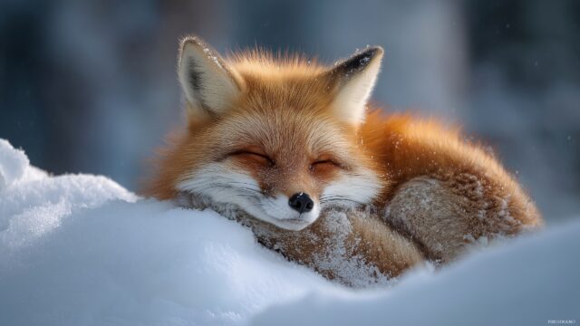 Wildlife Images Desktop Wallpaper HD, A Beautiful Red Fox Curled Up And Sleeping In The Snowy Wilderness