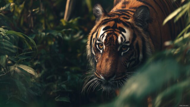Wildlife Images HD Desktop Wallpaper, A Fierce Tiger Stalking Through Thick Jungle Vegetation