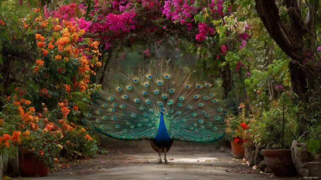Wildlife Images Wallpaper HD For Desktop, A Colorful Peacock Displaying Its Feathers In An Enchanted Garden