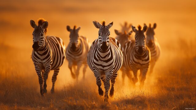 Wildlife Images Wallpaper HD For Desktop Computer, A Striking Shot Of A Running Zebra Herd Under The Golden Sun