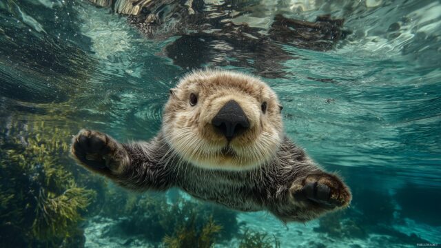 Wildlife Images Wallpaper For Desktop Computer, A Close Up Of A Playful Sea Otter Floating On Its Back In Clear Waters