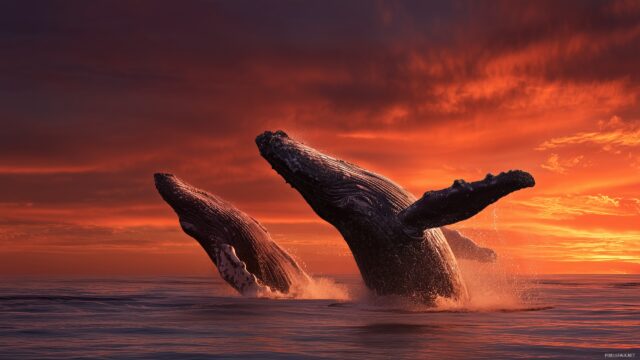 Wildlife Images Wallpaper High Quality, Graceful Whales Breaching The Ocean Surface Against A Spectacular Sunset