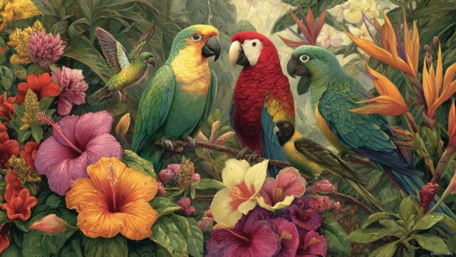 Wildlife Images Wallpaper High Resolution, Colorful Tropical Birds Perched On Vibrant Flowers Amidst Lush Greenery