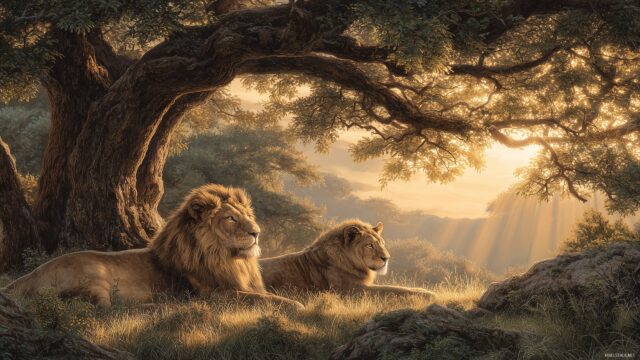 Wildlife Images High Definition Wallpaper, Majestic Lions Resting Under A Tree In A Sunlit Savanna