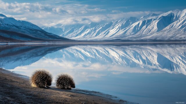 Wildlife Images High Resolution Desktop Wallpaper, A Calm Lake Reflecting Snow Capped Mountains And Porcupines By The Shore