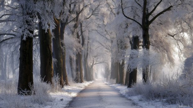 Winter wallpaper, a snowy path lined with frosty trees, leading into a magical winter forest.