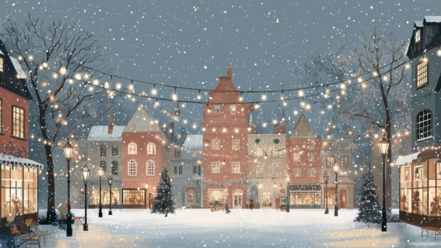 Winter wonderland background, a charming village square adorned with twinkling lights and snow dusted rooftops.