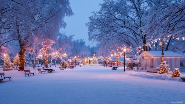 Winter wonderland background, a delightful display of holiday decorations in a snow blanketed park during twilight.