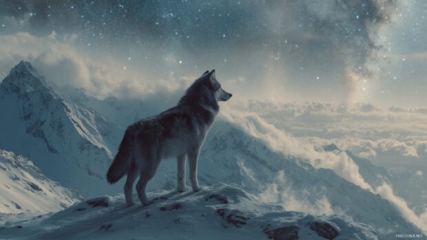 Wolf backgrounds, a majestic wolf standing on a snowy mountain peak under a starry sky.