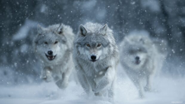 Wolf backgrounds for PC, a dynamic scene of wolves chasing through a blizzard with swirling snowflakes.