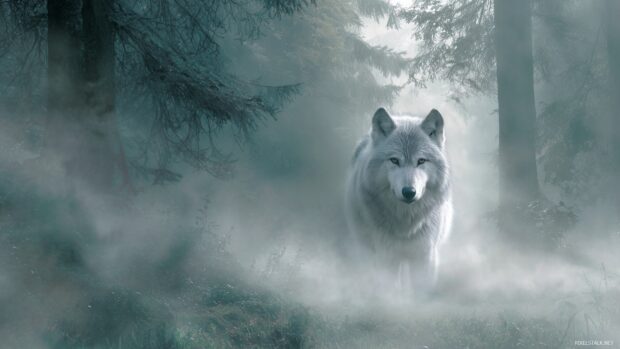 Wolf backgrounds for PC, an ethereal wolf emerging from an enchanted mist in a mystical woodland.