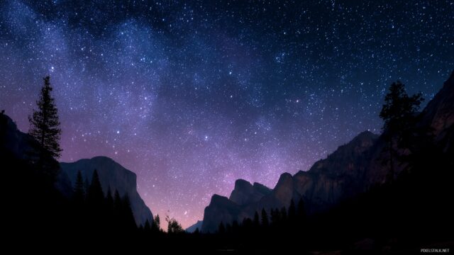 Yosemite landscape wallpaper HD, clear night sky filled with stars over Yosemite Valley with silhouette of granite cliffs.