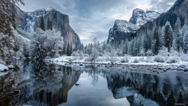 Yosemite landscape wallpaper HD, crisp winter morning with a blanket of snow covering the iconic landscape.