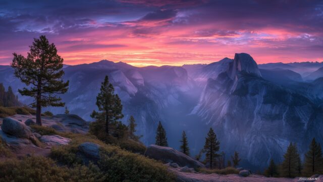 Yosemite sunrise wallpaper HD, brilliant colors illuminating the sky over Glacier Point with misty valleys below.