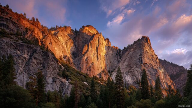 Yosemite sunrise wallpaper HD, early light casting a warm glow on the rock faces of Yosemite during dawn.