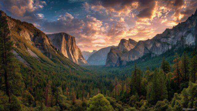 Yosemite wallpaper HD for desktop, lush pine forests and vibrant skies over Yosemite Valley creating a sense of tranquility.