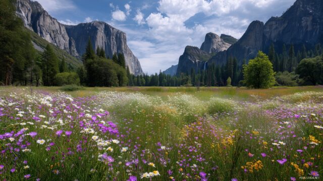 Yosemite wallpaper HD for desktop, stunning views of Yosemite Valley during spring with vibrant wildflowers.