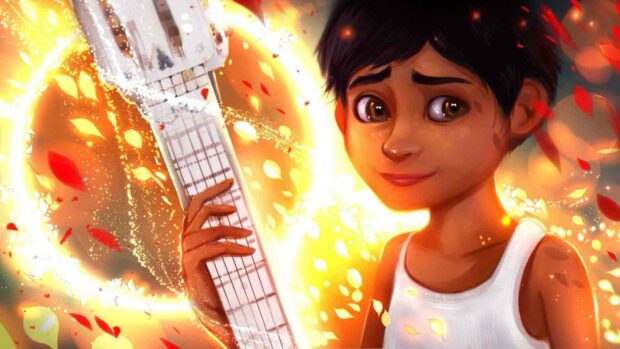 A young boy is holding a glowing guitar surrounded by swirling autumn leaves and magical light effects in Coco Cartoon Wallpapers, HD PC W
