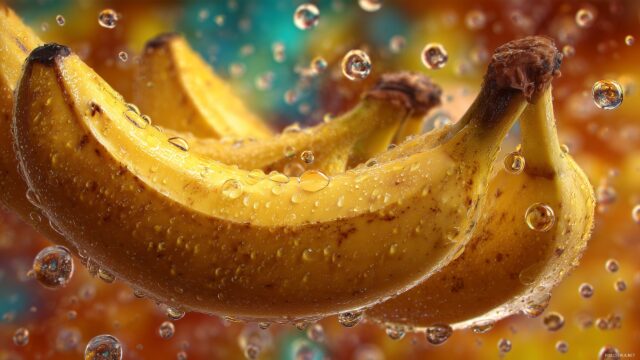 banana desktop wallpaper HD, photorealistic bananas with droplets of water reflecting a vibrant environment.