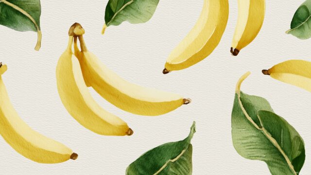 banana desktop wallpaper aesthetic, soothing banana illustrations in watercolor style with gentle brush strokes.
