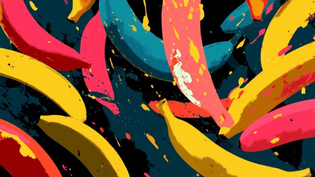 banana desktop wallpaper colorful, abstract banana shapes in bold colors creating a dynamic and energetic vibe.