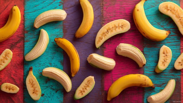 banana desktop wallpaper colorful, colorful banana slices scattered over a dark wooden table with a bright backdrop.