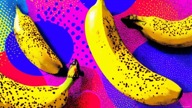 banana desktop wallpaper for Windows, a pop art interpretation of bananas with bright colors and graphic elements.