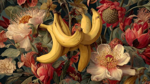 banana desktop wallpaper for Windows, artistic portrayal of bananas intertwined with exotic flowers and foliage.