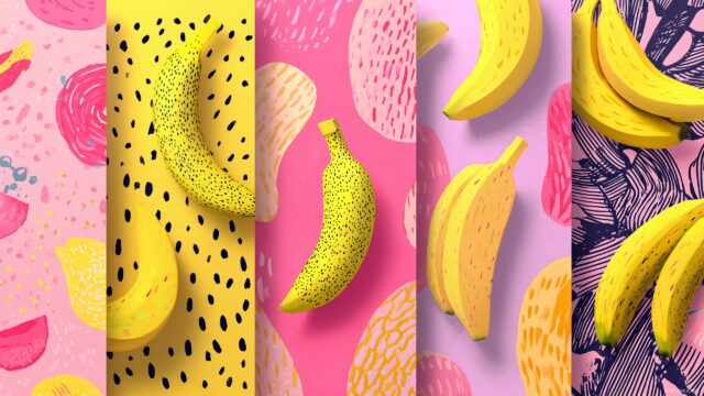 banana desktop wallpaper for Windows, vibrant banana illustrations with playful patterns and soft pastel colors.